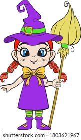 Little girl in witch Halloween costume, vector clipart illustration