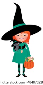 Little girl witch Halloween with an owl and pumpkin basket with sweets Stock vector illustration