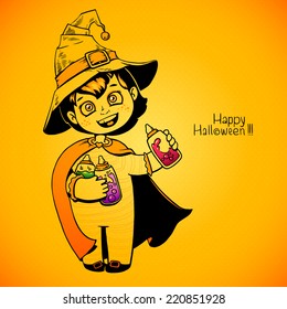 Little girl witch holding baby bottles with witchcraft potions. Happy Halloween card
