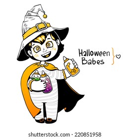Little girl witch holding baby bottles with witchcraft potions. Happy Halloween card