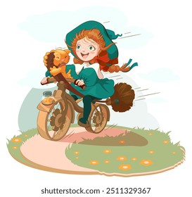 Little girl witch learns to ride bike fly on broom. Vector cartoon illustration