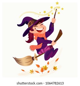 A little girl witch on a broomstick utters a spell. The witch flies on the broom.