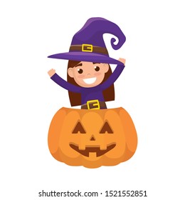 little girl with witch and pumpkin costume character vector illustration design