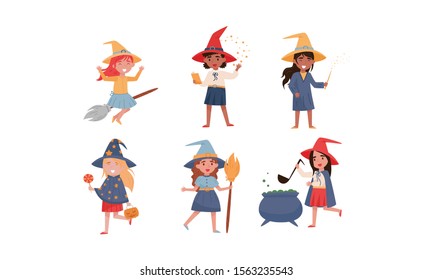 Little Girl Witch Sitting on the Broom and Practicing Wand Movements Vector Illustrations