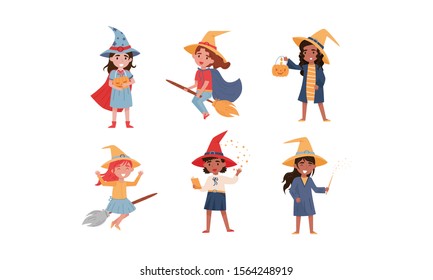 Little Girl Witch Sitting on the Broom and Practicing Wand Movements Vector Illustrations