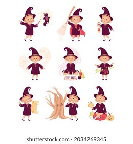 Little Girl Witch Wearing Purple Dress and Pointed Hat Practising Witchcraft and Doing Magic Vector Set