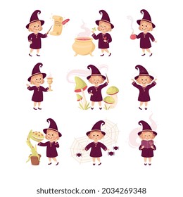 Little Girl Witch Wearing Purple Dress and Pointed Hat Practising Witchcraft and Doing Magic Vector Set