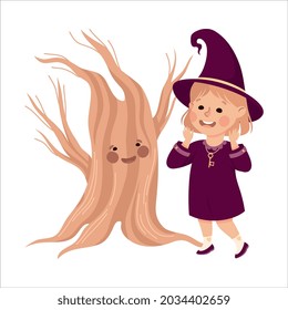 Little Girl Witch Wearing Purple Dress and Pointed Hat Standing Near Talking Tree Vector Illustration