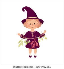 Little Girl Witch Wearing Purple Dress and Pointed Hat Holding Garland of Forest Twigs Vector Illustration