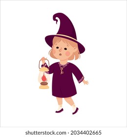 Little Girl Witch Wearing Purple Dress and Pointed Hat Walking with Lantern Vector Illustration