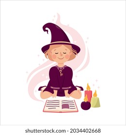 Little Girl Witch Wearing Purple Dress and Pointed Hat Practising Witchcraft and Doing Magic with Spellbook and Candles Vector Illustration