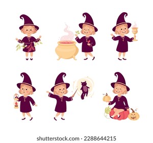 Little Girl Witch Wearing Purple Dress and Pointed Hat Vector Set