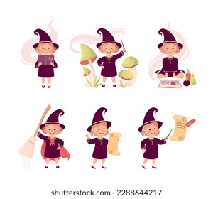 Little Girl Witch Wearing Purple Dress and Pointed Hat Vector Set