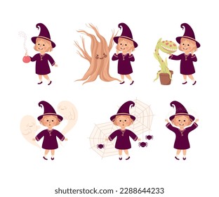 Little Girl Witch Wearing Purple Dress and Pointed Hat Vector Set