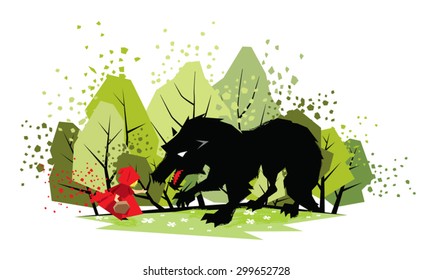 Little girl and wolf in the woods