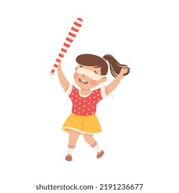 Little Girl with Wooden Stick Ready to Hit Pinata at Birthday Party Vector Illustration