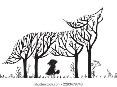 Little girl in the woods outline illustration vector image. Hand drawn woolf sketch image artwork. Simple original logo icon from pen drawing sketch.