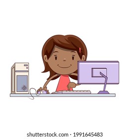 Little girl working on computer, happy cute child