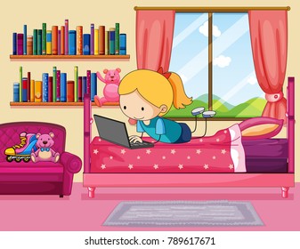 Little girl working on computer in bedroom illustration