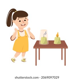 Little Girl Working on Physics Science Experiment with Flame Vector Illustration