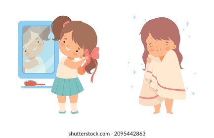 Little Girl Wrapped in Towel after Bathing and Braiding Hair in Front of Mirror Vector Set