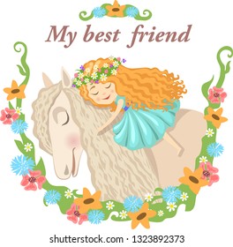 Little Girl with a wreath of flowers on her head riding a horse. Cute floral composition borders illustration. Hand drawn vector illustration. Can be used for nursery t-shirt print, kids print design.