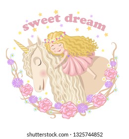 Little Girl with a wreath of flowers on her head riding a unicorn. Girl and unicorn sweet sleep.  Hand drawn vector illustration. Can be used for nursery t-shirt print, kids print design.