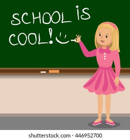 Little girl to write with chalk on the school blackboard. School is cool. Vector illustration