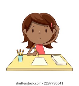Little girl write, draw, scratching head