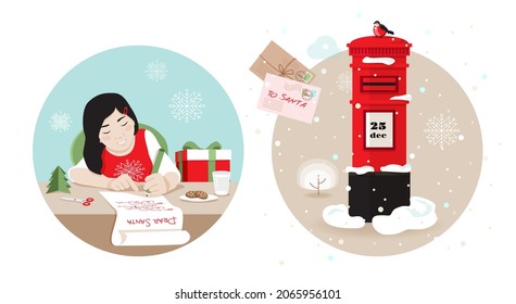 Niña escribe la lista de deseos de Navidad para Santa Claus. Buzón rojo vintage en inglés, sobres, cartas en el paisaje de nieve en invierno, bonito pájaro ladrón. concepto de actividades navideñas X-mas. Ilustración del vector