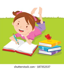 Niña pequeña escribiendo con libros. Escritura creativa. Imagen vectorial de una encantadora chica escribiendo al aire libre.