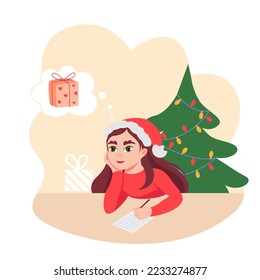 Little girl writing a Christmas wish list letter for Santa Claus. Vector cartoon illustration