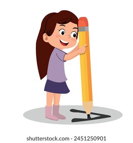 Little girl writing, drawing letter A with huge pencil, cartoon vector illustration isolated on white background. Girl writing, drawing letter A with giant pencil, back to school concept