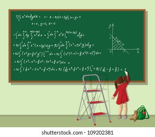 Little girl writing long equation on the blackboard in the classroom