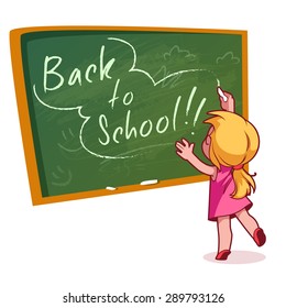 Little girl writing on a school board with chalk. Vector illustration on a white background. Back to school.