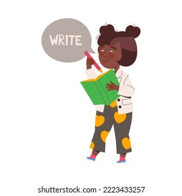 Little Girl Writing Something in Notepad with Pencil Learning English Word Vector Illustration