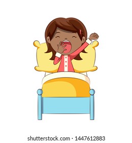 Little girl yawning in bed, cute child stretching