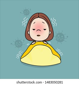 Little girl in yellow dress chills from flu symptoms, on a green background.