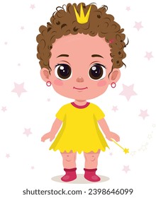 A little girl in a yellow dress with curls in a crown with a magic wand