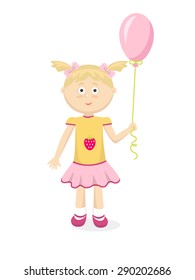 Little girl in yellow dress with pink balloon. Cartoon style