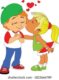 Little girl with yellow hair kisses a boy in a green beret