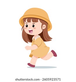 A little girl with a yellow hat runs joyfully, capturing the essence of children playing. Symbolizing the innocence and fun of childhood activities. Vector illustration on white background.