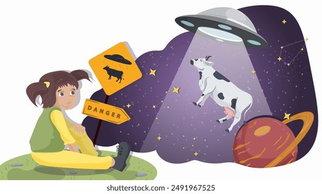 A little girl in yellow pants sits next to a warning sign, against the background of a UFO that kidnaps a cow flat illustration