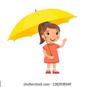 Little girl with yellow umbrella smiles and waves his hand. Male child standing cartoon character. Rainy weather concept. Summer or fall season. Flat vector illustration. Isolated on white backgr