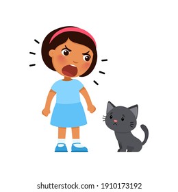 Little girl yells at a sad kitten. Psychology - concept of aggressive treatment of pets. Dark skin child and black cat. Vector illustration. Isolated on white background.