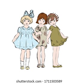 Little girlfriends in retro style standing together. 