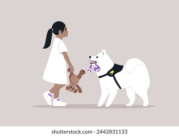 Little Girls Afternoon Walk With Her Fluffy White Dog and Teddy Bear, A young kid strolls with her loyal pup, holding a toy, sharing a moment of innocent playtime