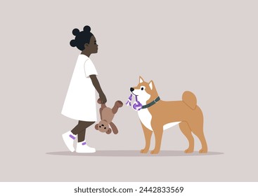 Little Girls Afternoon Walk With Her Fluffy White Dog and Teddy Bear, A young kid strolls with her loyal pup, holding a toy, sharing a moment of innocent playtime