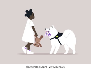 Little Girls Afternoon Walk With Her Fluffy White Dog and Teddy Bear, A young kid strolls with her loyal pup, holding a toy, sharing a moment of innocent playtime