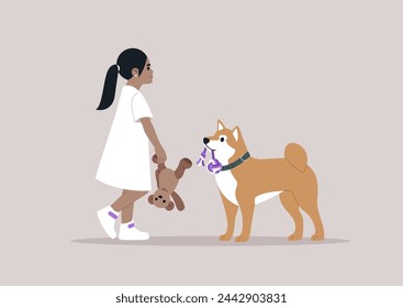 Little Girls Afternoon Walk With Her Fluffy White Dog and Teddy Bear, A young kid strolls with her loyal pup, holding a toy, sharing a moment of innocent playtime